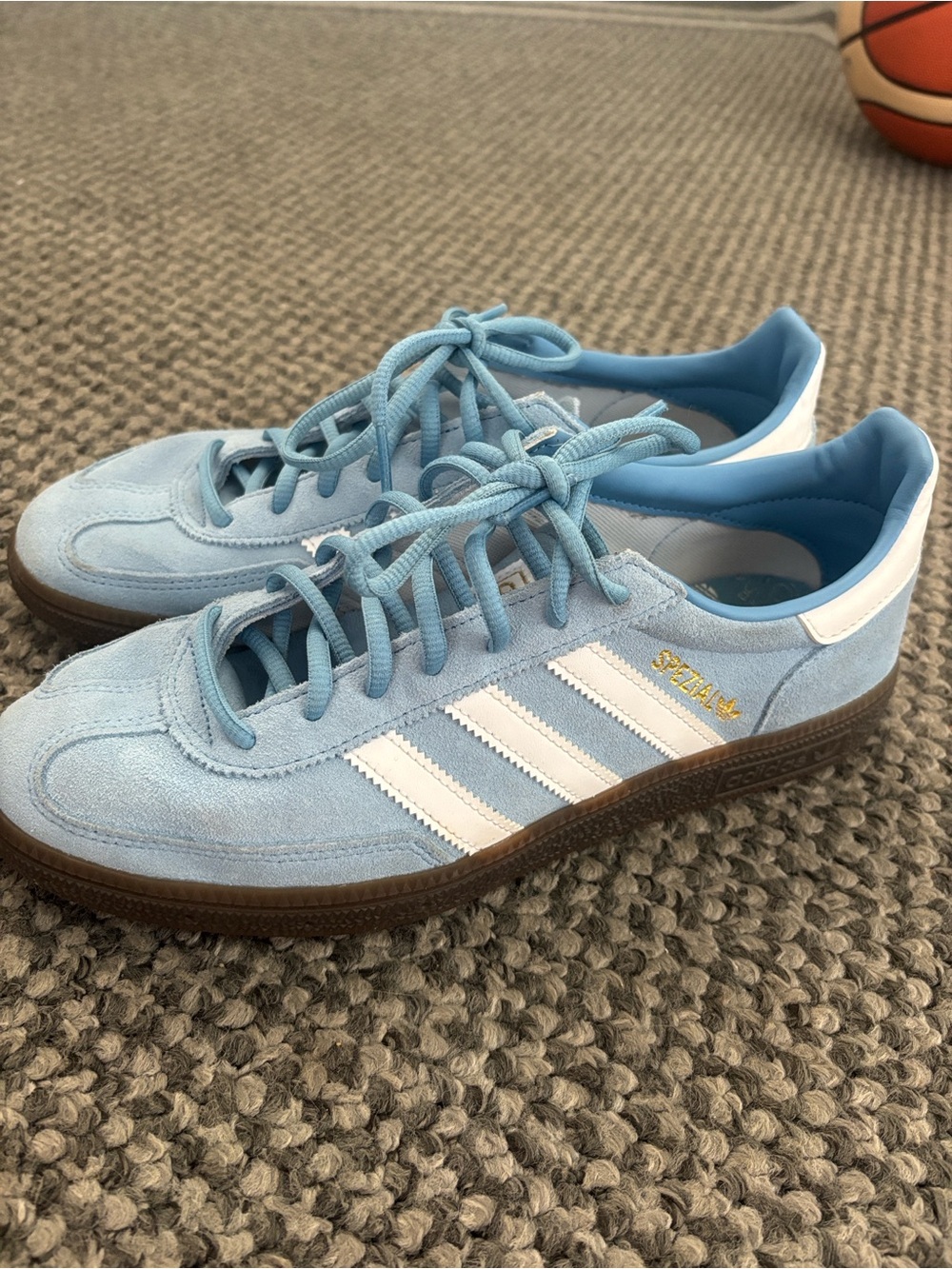 Adidas Spezial Light Blue and White Suede Sneakers with Gum Sole